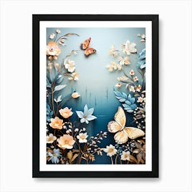 A Butterfly Toned Design With Flowers And Leaves Trees And Birds A Beautiful And Simple Picture Wall art Art Print