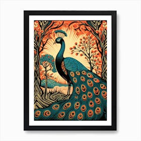 Vintage Bird Linocut Peacock 2 Art Print