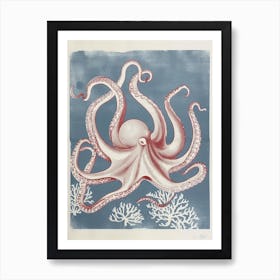 Octopus Linocut Style With Aqua Marine Plants 1 Art Print