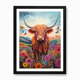 Digital Portrait Of Highland Cow & Butterflies 1 Art Print