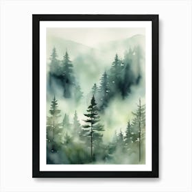 Appalachian Mountains of Misty Pines Watercolor Print of Evergreen Forest..150 Art Print