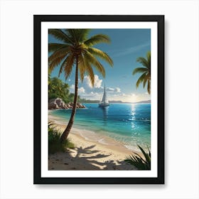 Beach Scene With Sailboat Art Print