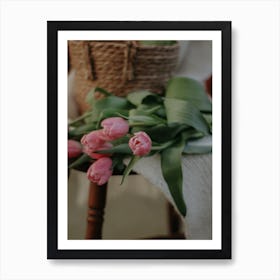 Pink Tulips On A Wooden Chair Art Print