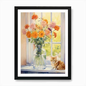 Cat With Daises Flowers Watercolor Mothers Day Valentines 1 Art Print