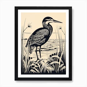 B&W Bird Linocut Green Heron 4 Art Print