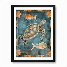 Blue Sea Turtle & Fish Mixed Media Collage Art Print