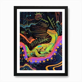 Neon Dinosaur Line Illustration Relaxing 1 Art Print