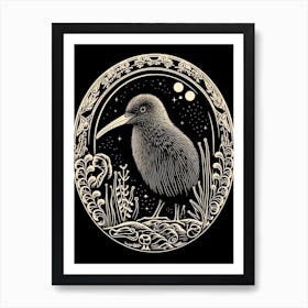 B&W Bird Linocut Kiwi 3 Póster
