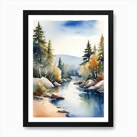 Landscape River Watercolor Painting (25) Art Print