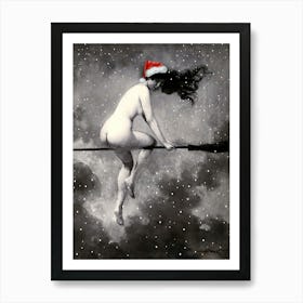 Christmas Witch in a Santa Hat on a Broomstick in the Snow - Pour Le Sabbat Antique Humor Art Print