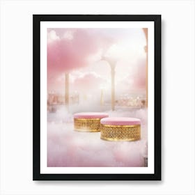 Dreamy Pink Mall Embracing Cloud Benches Adorned With Golden Accents High Key Lighting Emphasizing Art Print