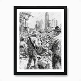 Live Music Scene Austin Texas Black And White Drawing 2 Art Print