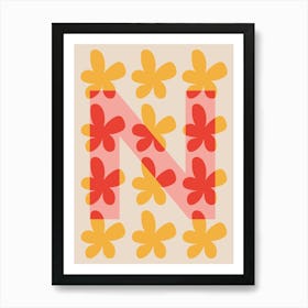 Alphabet Flower Letter N Print - Pink, Yellow, Red Art Print