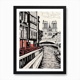 Paris France Linocut Illustration Style 2 Art Print