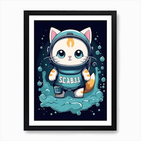 Kawaii Cat Drawings Scuba Diving 3 Art Print