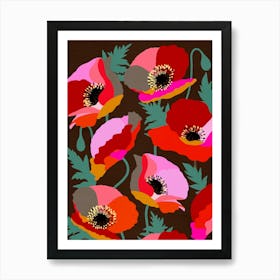 Vibrant Poppies Retro floral Pink Red Green on Brown Art Print