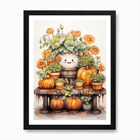 Cute Bedsheet Ghost, Botanical Halloween Watercolour 121 Art Print