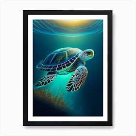 Sea Turtle In Deep Ocean, Sea Turtle Neutral Abstract 2 Art Print