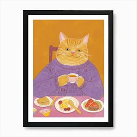 Happy Orange Cat Having Breakfast Folk Illustration 2 Art Print