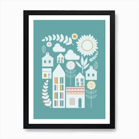 Scandi Village Scene In White Art Print