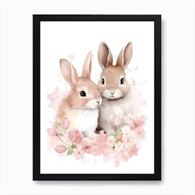 Watercolor Bunnies And Flowers Art Print