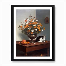 Painting Of A Still Life Of A Aster With A Cat, Realism 4 Art Print