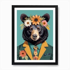 Floral Black Bear Portrait In A Suit (9) Art Print