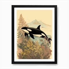 Vintage Orca Whale Drawing With Plants Art Print