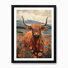 Warm Watercolour Of Highland Cow With Flowers Art Print