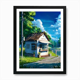 Lofi Anime Art: Quaint countryside coffee shop surrounded by greenery, wildflowers, and a quiet road. Perfect for calm and nostalgic vibes. Affiche