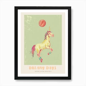 Pastel Storybook Style Unicorn Playing Basketball 3 Poster Art Print