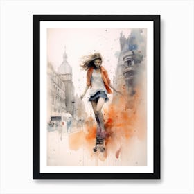 Girl Skateboarding In London, United Kingdom Watercolour 4 Art Print