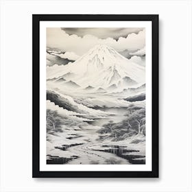Yatsugatake Mountains In Yamanashi, Ukiyo E Black And White Line Art Drawing 3 Art Print