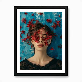 Red Flowers On A Woman'S Face Art Print