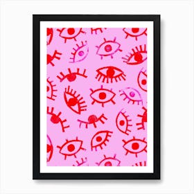 Linoprint Eyes in Red and Pink Art Print