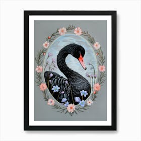 Black Swan with Floral Frame. Nursery Illustration, Kids Room Art Print