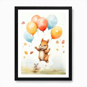 Squirrel Flying With Autumn Fall Pumpkins And Balloons Watercolour Nursery 1 Art Print