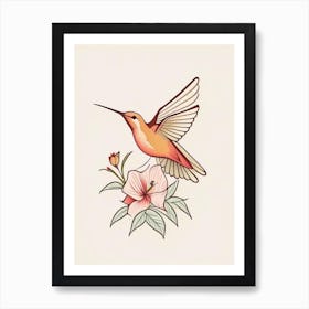 Hummingbird And Flowers Retro Minimal 1 Art Print