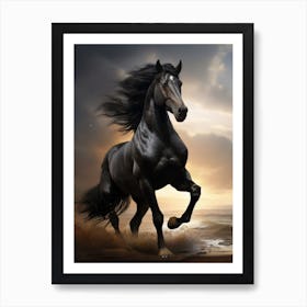 Black Horse Running On The Beach 1 Art Print