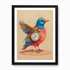 Bird With A Clock Art Print