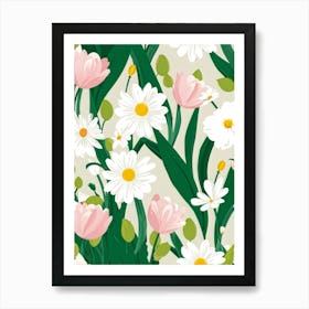 Bouquet Of Spring Flowers Including Tulips White Roses And Daisies Set Against A Botanical Garden (2) Art Print