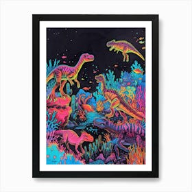 Neon Dinosaurs Underwater Art Print