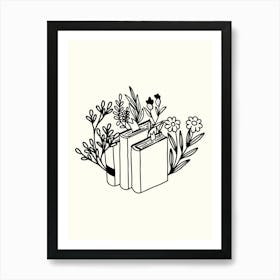 Books And Flowers Monoline Hand Drawing Aesthetic Illustration Art Print