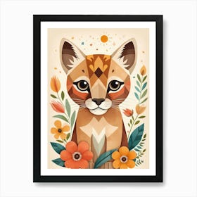 Floral Cute Baby Puma Nursery Illustration (38) Art Print