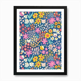 Happy Cats Hiding in the Flower Field - Yellow, Red, Pink on Blue Kids Art Print