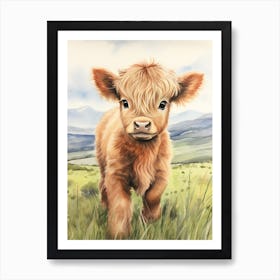 Cute Watercolour Portrait Of Highland Cow Calf 1 Art Print