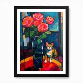 Rose With A Cat 2 Fauvist Style Painting Art Print