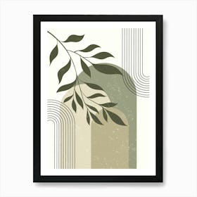 Geometric Lines Branch Leaves Muted Colors Art Print