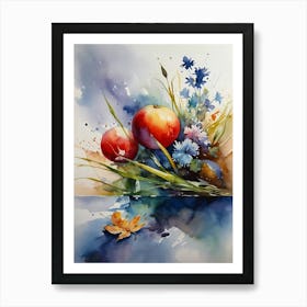 Watercolor Of Apples And Flowers Art Print