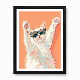 White Cat In Sunglasses Stretching, Preppy Aesthetic, Funny Art Print